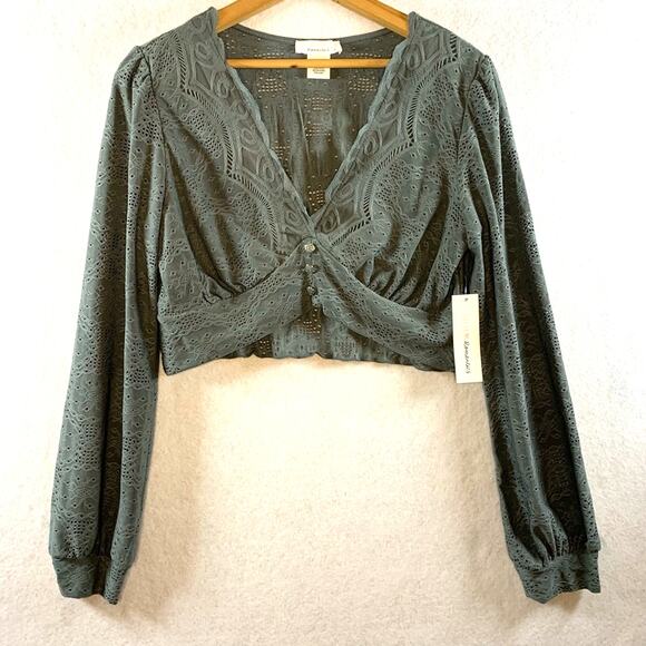 Urban Romantics Womens Milkmaid Crop Top Sz L Gray Coquette‎ Boho Eyelet Lace - Picture 1 of 13